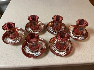 6 vasos y platillos antiguos de arándano dorado Naser al-Din Shah de Qajar Foto 1 de 4