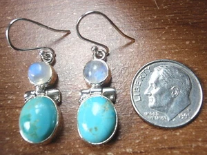 Turquoise and Moonstone Double-Gem 925 Sterling Silver Dangle Earrings - Picture 1 of 1