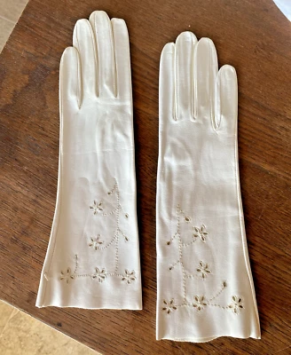 De Colección Marfil Bordado Niños Cuero Guantes 3/4 Largo Años 50 Costura Superior TALLA 6.5 Foto 1 de 4