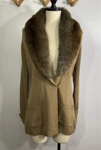 Trina Turk Long Cardigan Sweater Fur Collar Merino Wool Vintage Y2KMedium - Picture 1 of 9