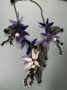 Amazing Beaded Green w Purple & White Flowers & Leaves Tassel Pendant Necklace – - Picture 1 of 10