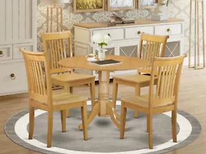 5pc dinette set round pedestal kitchen drop-leaf table + 4 chairs in light wood - Picture 1 of 12