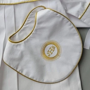Communion Bib Pure Fine Cotton Satin Baptism Bib for Boy or Girl Gold Embroidery - Picture 1 of 16