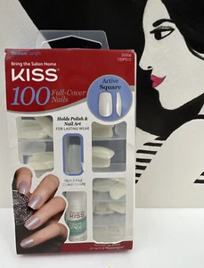 Kiss Active 100 Full Nails Square 20006 100PS12 Medium Length White Tips New - Picture 1 of 2