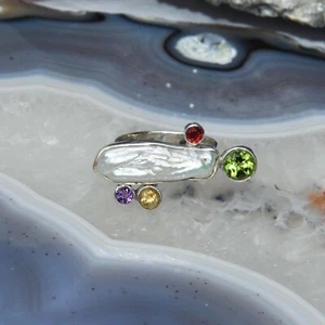 Biwa Perle Ring, 925er Silber, Edelsteinring (23068), Granat, Amethyst, Peridot - Bild 1 von 1