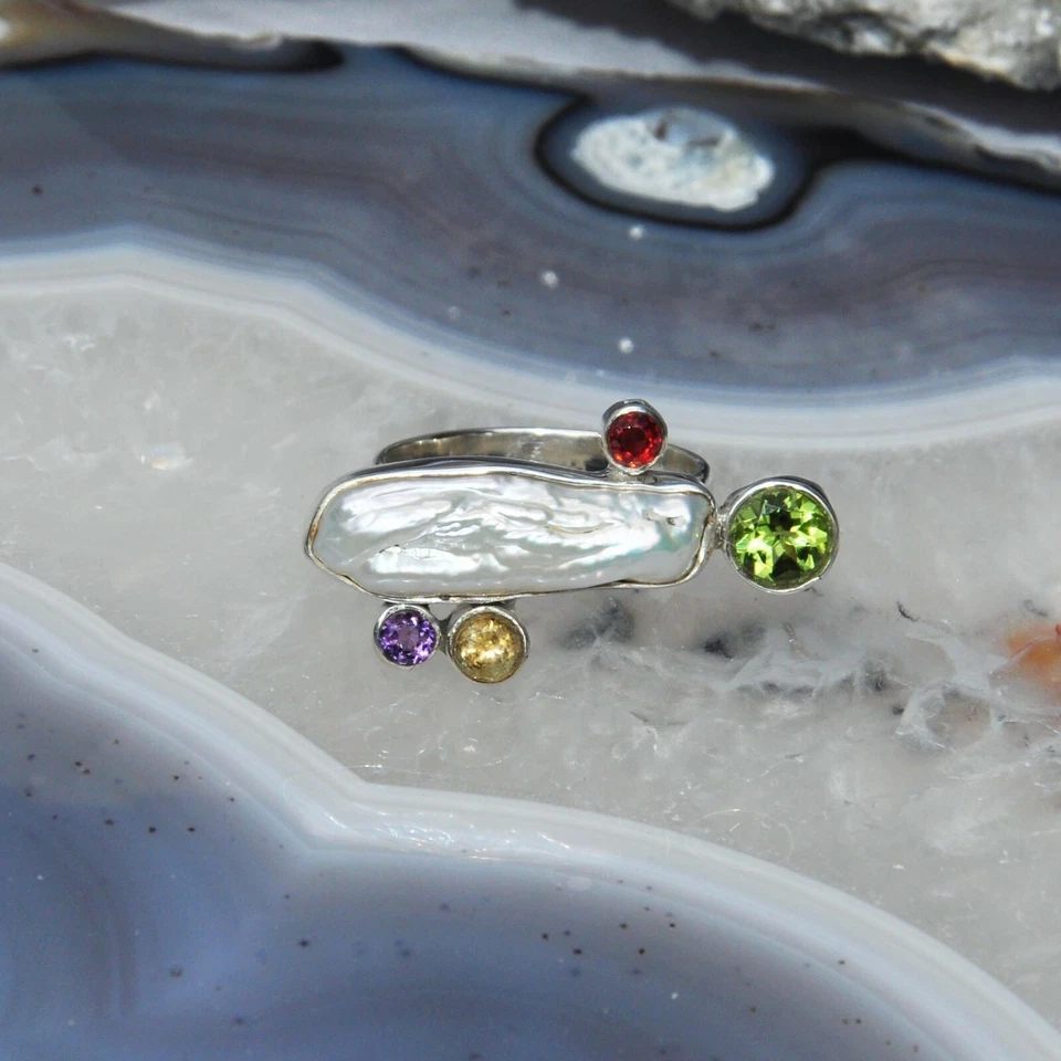 Biwa Perle Ring, 925er Silber, Edelsteinring (23068), Granat, Amethyst, Peridot - Bild 1 von 1