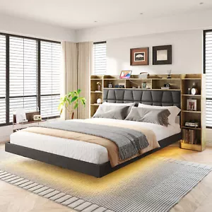 Floating Queen Bed Frame with LED Light and Bookcase Storage Headboard Queen Siz - Picture 1 of 12