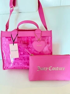 NWT JUICY COUTURE HEART JUICY PINK BEACHIN LARGE TOTE CROSSBODY BAG W POUCH - Picture 1 of 6