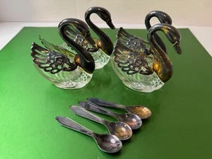 Vintage Set Of 4 Silver Plated and Glass Swan Hinged Wings Salt Cellars Italy - Picture 1 of 15