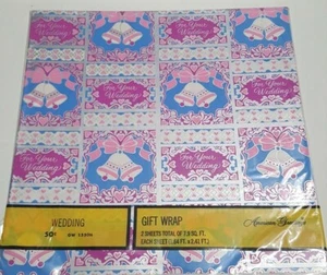 Vintage American Greetings Wedding Blue Pink Bells 2 Gift Sheets 7.9 sq ft - Picture 1 of 3