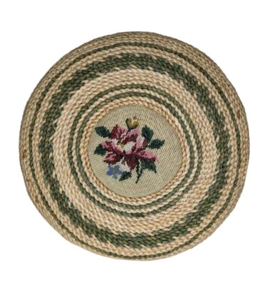 Vintage Needlepoint Floral Centers Corn Husk Seat Cushion Round Pillow Handmade - Image 1 of 4