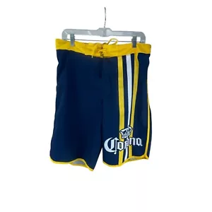 Corona Men’s Swim Trunks Yellow Blue Logo Graphics Drawstring Waistboard Shorts - Picture 1 of 8