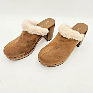 Esprit WINA Platform Studded Faux Fur/ Suede Clogs 9M Women Brown BohoChic Y2K - Picture 1 of 10