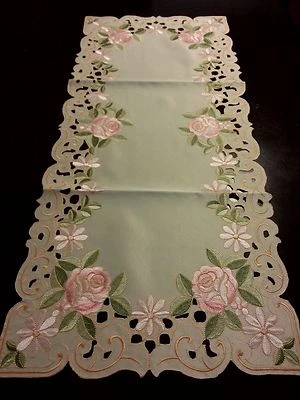 16"x36"Embroidered Tablecloth Pink Hybrid Tea Rose Table Runner  Home decor - Image 1 of 4