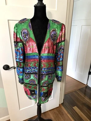 VTG 80s Sequin Rainbow Geometric Abstract Blazer Jacket Silk Medium Maximalist - Image 1 of 4