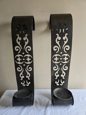 Rustic Black Metal Scroll Wall Hanging Pillar Candle Holders Sconces Decor Art - Image 1 of 4