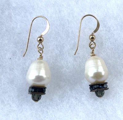 9mm Pearl Drop/Dangle Gold Fill Earrings w/ blue stones - Image 1 of 3