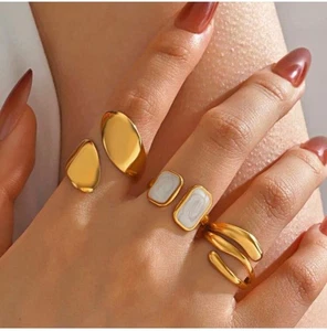 Gold Plated Stainless Steel White Stone Adjustable Ring Set – 3pcs - Picture 1 of 3
