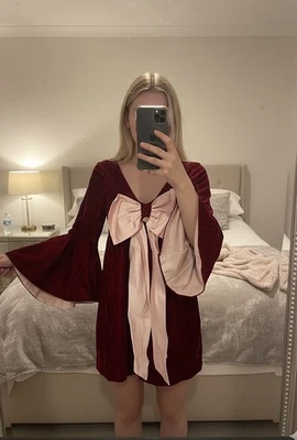 Vintage 1960s Red Velvet Mini Dress Bell Sleeves Pink Satin Bow Rhinestone XS - Image 1 of 4