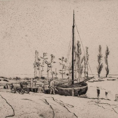 Karl Holtz Fischer am Hafen Vorpommern Klassische Moderne sign Radierung 1920er - Bild 1 von 4