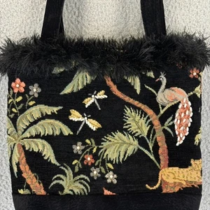 Vintage Gobelin Handtasche Blumen Stickerei Samt Leopard Pfau Libelle 80er Boho - Bild 1 von 13