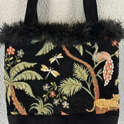 Cartera Tapiz De Colección Bordada Floral Terciopelo Leopardo Pavo Real Libélula Años 80 Boho Foto 1 de 4