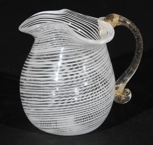Miniature Hand-Blown Glass White Ruffled Swirl Pitcher Handle With Gold Speckles - Picture 1 of 8