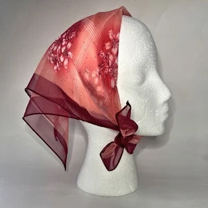 Sciarpa testa chiffon floreale vintage quadrata rosa mazzi guida pois anni 70 - Foto 1 di 7