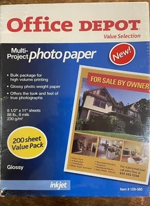 200 Sheets Office Depot 8.5 x 11 Gloss Inkjet Printer Photo Paper New - Picture 1 of 2