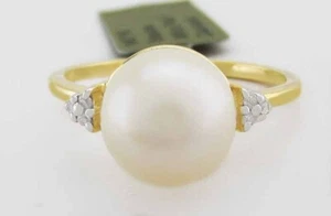 GENUINE 9 mm WHITE PEARL & DIAMOND RING 14k GOLD - Free Certificate Appraisal - Picture 1 of 5