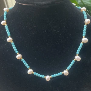 14-36" 4mm Round Turquoise/Green Jade Gem & AAA 7-8mm White Pearl Beads Necklace - Picture 1 of 24