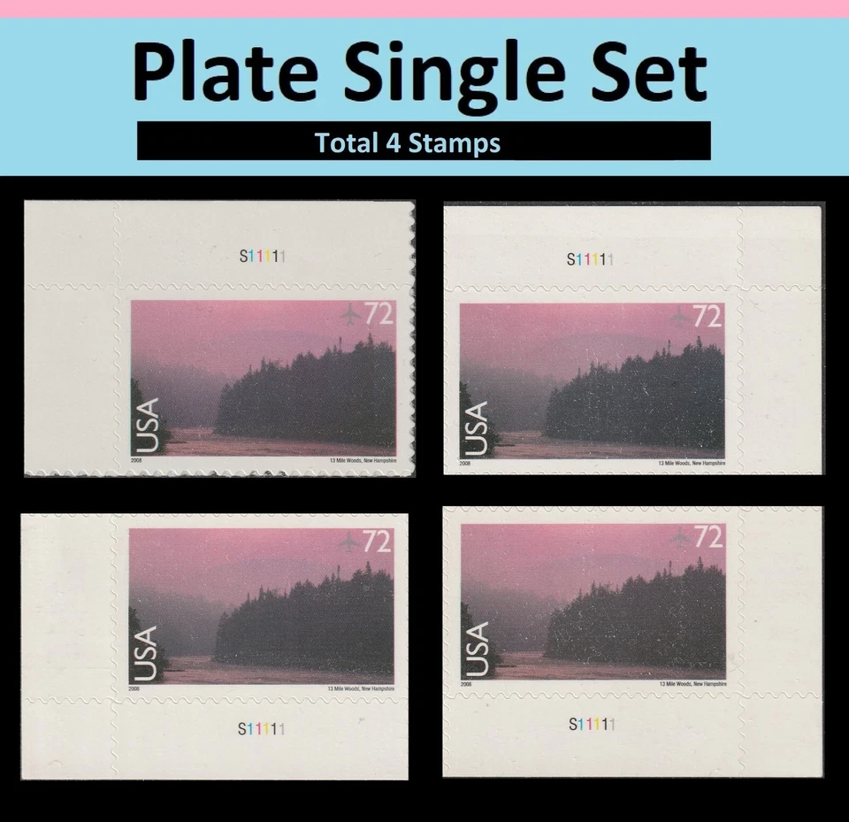 US C144 Airmail 13-Mile Woods New Hampshire 72c plate single set 4 MNH 2008 - Image 1 of 1