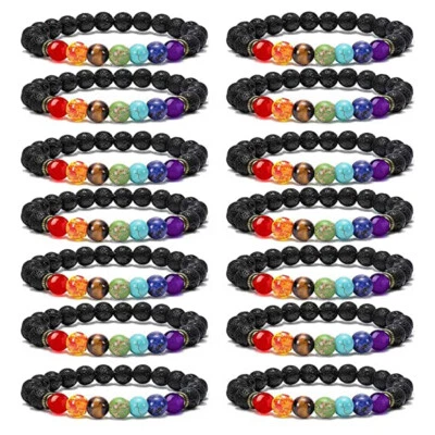 Wholesale Lot 7 Chakra Healing Crystal Beads 14 Pcs Natural Lava Rock Bracelets - Image 1 of 4