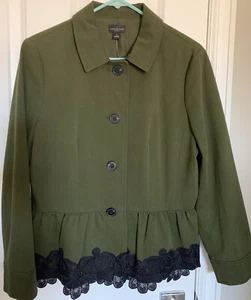 Ann Taylor Army Green Button Down Blazer NWT Size 10 Black Lace Trim - Picture 1 of 10