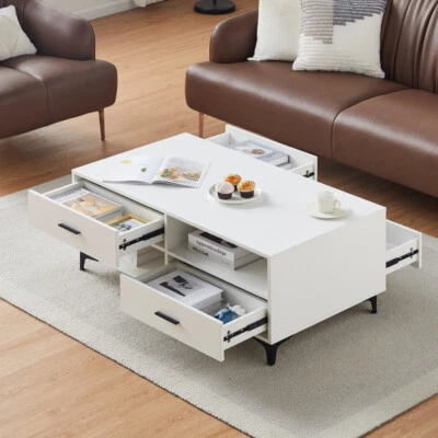 CLIPOP White Coffee Table with 4 Drawers Rectangular Living Room Modern