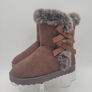 Womens Faux Fur & Suede Size 5 Winter Boots Brown With Ribbon Detail - Picture 1 of 7