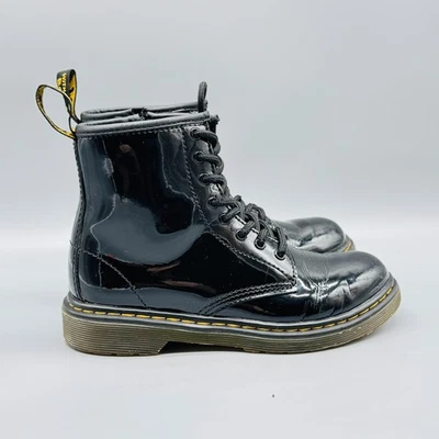 Botas Dr Martens Niños 2 Negro Charol 1460 Combate Con Cordones Cremallera Lateral Juvenil Foto 1 de 4