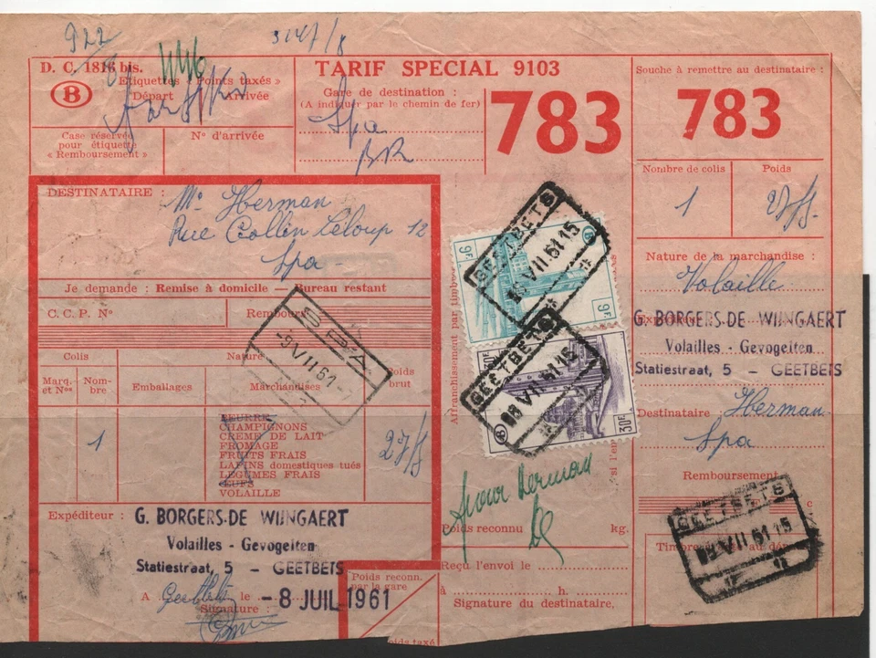 BELGIUM # 1-1162 # PAPER FOR A PARCEL SENT BY THE RAILWAY # 1951 # - Image 1 of 1