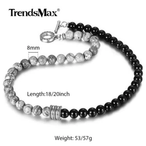 8MM Jasper Stone Black Glass Bead Necklace Stainless Steel Charm Toggle Choker - Picture 1 of 7