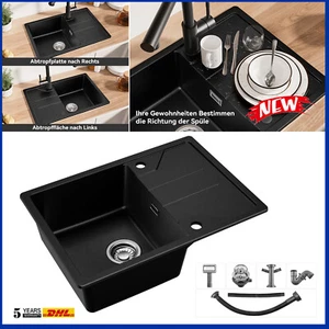 Fregadero de cocina de granito Fregadero de cocina Fregadero empotrado Fregadero negro 65 x 45 cm - Imagen 1 de 15