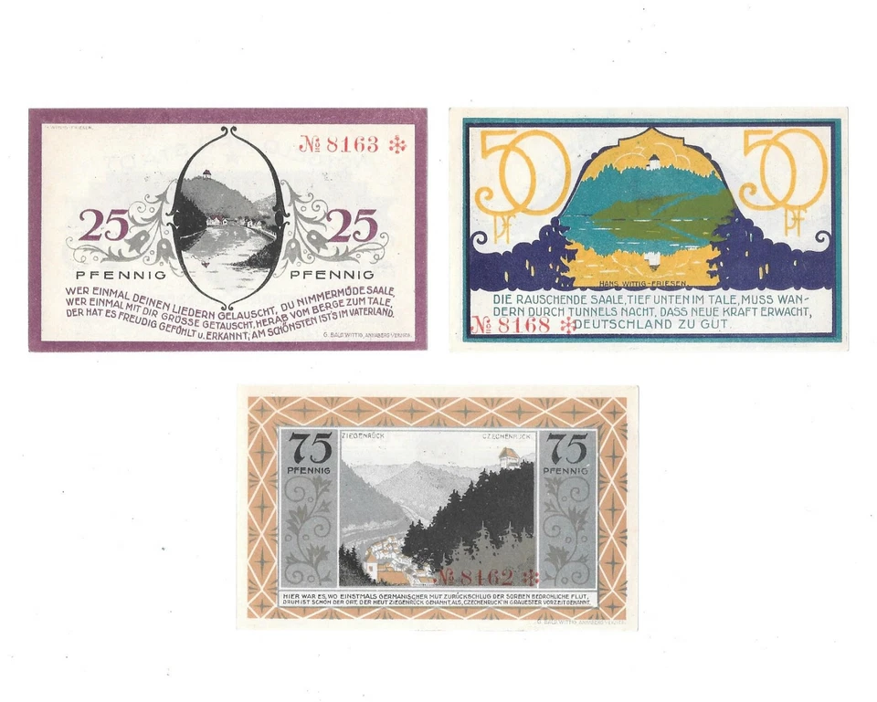 GERMANY ZIEGENRÜCK 25-50-75 PFENNIG 1921 UNC Red Serial, Emergency Issue. 3C6.3 - Image 1 of 2