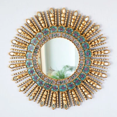 Gold Decorative Sun Mirror 23.6" from Peru, AccentTurquoise Round Mirrors wall - Image 1 of 4
