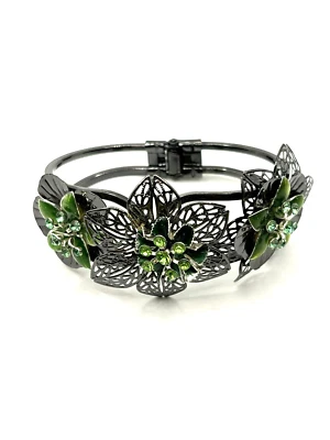 Green Crystal Rhinestone Filigree Flower Gunmetal Tone Clamper Cuff Bracelet - Image 1 of 4