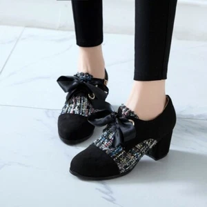 Size 34-52 Women Brogue Oxford Zip Pump Block Mid Heel Bowklnot Court Work Shoes - Picture 1 of 13