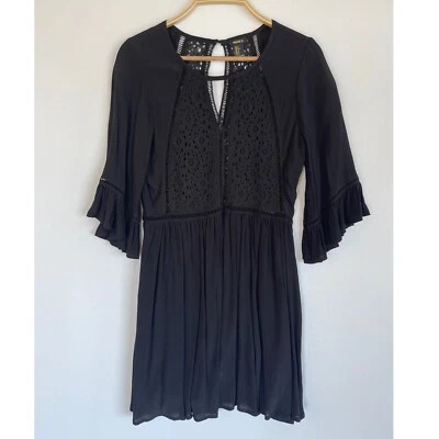 Forever 21 Women’s Black Lace Boho Ruffle Sleeve Mini Dress S Goth Eyelet Witchy - Image 1 of 4