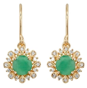 Pendientes con halo de diamantes y esmeraldas redondas genuinas de oro amarillo de 10k estilo vintage - Imagen 1 de 4