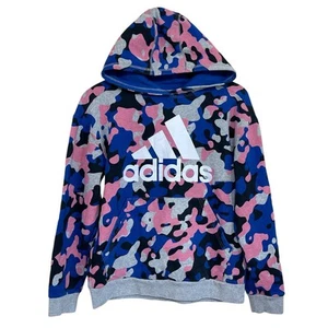 Adidas Kids Unisex Large 14/16 Long Sleeve Blue Pink Gray Camo Sweatshirt Hoodie - Picture 1 of 6