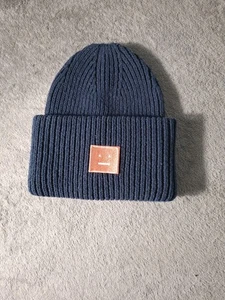 ACNE Studios Womens Ribbed Knit Square Logo Beanie Hat Blue Wool One Size - Picture 1 of 6