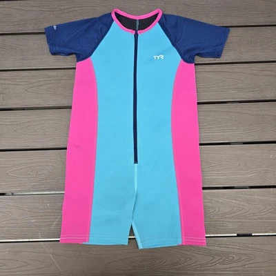 TYR Girls Thermal Swim Suit Zip up Blue Pink Teal  Size 7/8 New Sample - Image 1 of 2