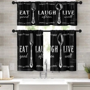 Black White Kitchen Window Curtains Valance and Tier Set 36 Inch Farmhouse Ea... - Picture 1 of 7